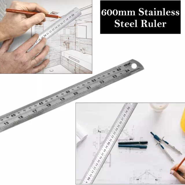 Rolson Long Ruler Stainless Steel Metric Imperial 60cm Straight Edge Metal Ruler
