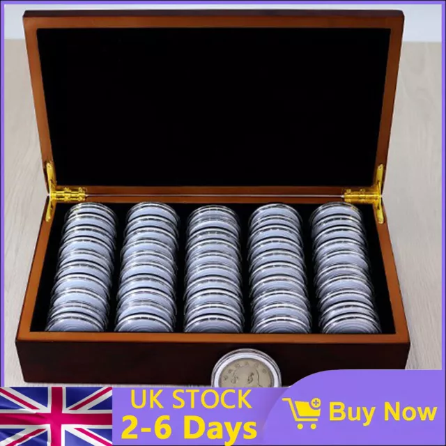 50PC 46MM Coins Capsules Storage Display Box W/ Wooden Case Holder Collection UK