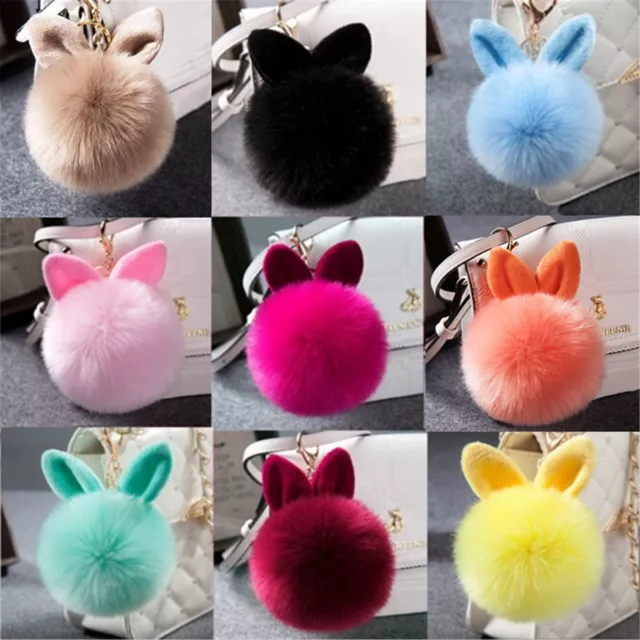 Rabbit Fur Pom-pom Key Chain Bag Charm Fluffy Puff Ball Bow Key Ring Car Pendant