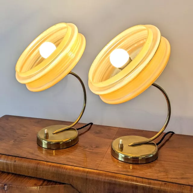 STUNNING ORIGINAL MID CENTURY LAMP Brass Glass Shade Vintage Rare MCM 1960s PAIR