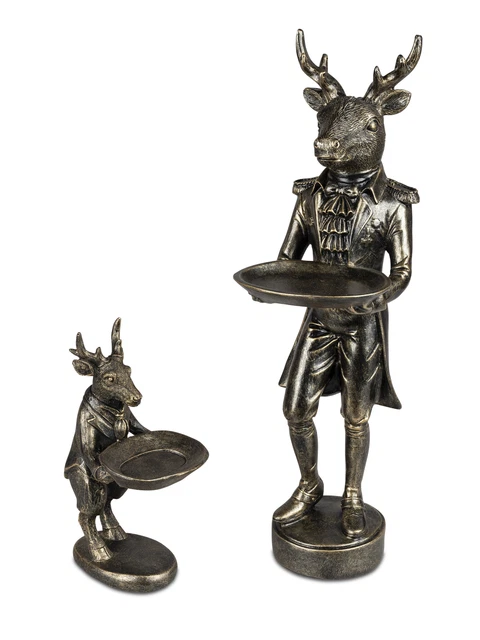 2er Set Statua Decorativa Cervi con Vassoio A.47+22,5cm Bronzo FORMANO Inverno