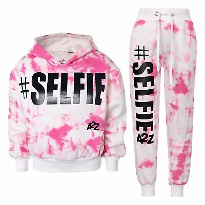 Kids #SELFIE Tie Dye Pink Tracksuit Crop Hoodie Sweatpants Co-ord Set Girls 5-13