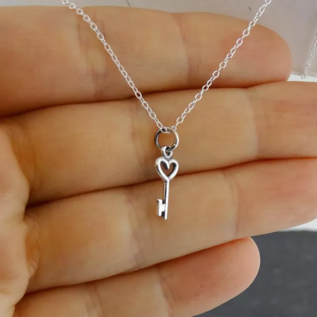 Tiny Heart Key Necklace - 925 Sterling Silver - Pendant Keys Love Gift Lock NEW