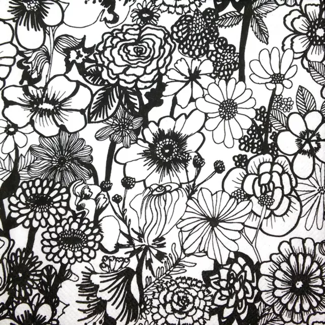 M583# 3 x Single Paper Napkins Decoupage Craft Tissue White Black Flower Pattern