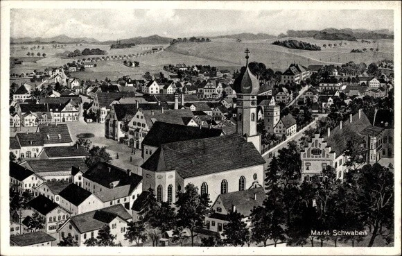 Künstler Ak Markt Schwaben Oberbayern, Vogelschau auf den Ort, Kirche - 10095114
