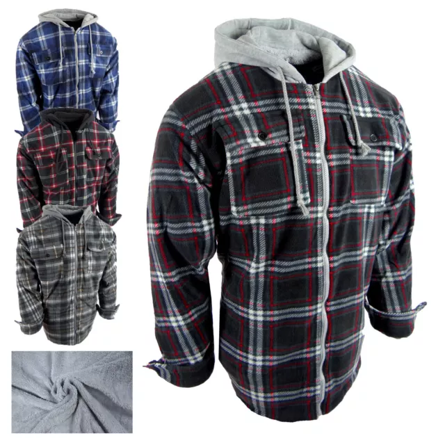 Mens Plaid Flannel Shirt Hoodie Soft Fuzzy Fleece Sherpa Lined Zip-Up 4 Pocket b