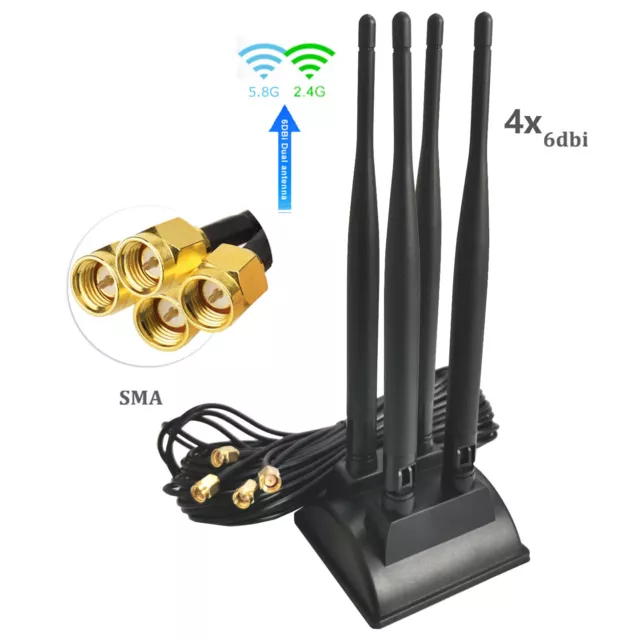 B16D 2.4G/5.8G Wifi Antenne 4x 6dBi SMA Câble Adaptateur Avec Aimant Pied 3M