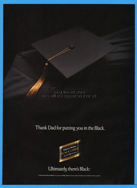 1992 Johnnie Walker Black Label Scotch Thank Dad Graduation Cap & Gown Print Ad