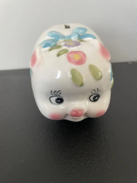 Vintage Small Piggy Bank Ceramic Big Eyes lashes Hand Painted Beautiful blue bow