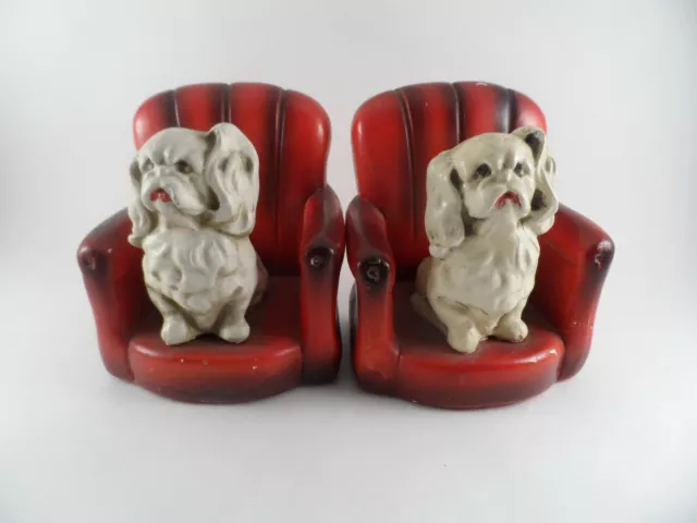 Mid Century Roman Art Robia Ware Chalkware Pekingese Dogs in Chairs Bookends 5"