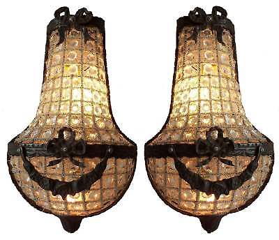 2 Antique Patina Replica Brass French Empire Crystal Basket Wall Sconces Lights