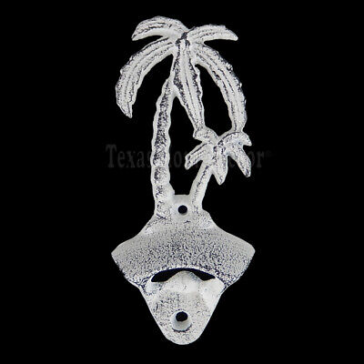 Palm Trees Bottle Opener Beer Soda Cast Iron Wall Mounted Rustic Off-White