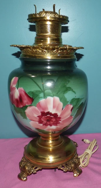 Antique Victorian Electrified Kerosene Oil GWTW Table Lamp Base, Painted Floral