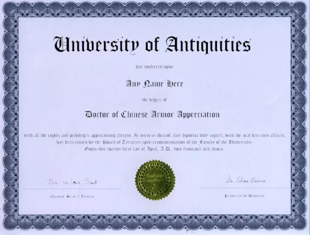 Doctor Chinese Armor Diploma Novelty Diploma