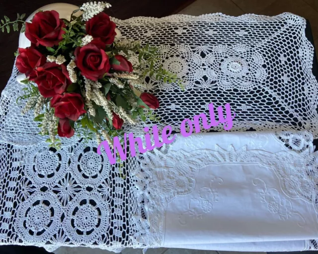 Vintage Handmade Crochet Lace 100% Cotton Runner/Topper/Doily White/Ecru Oblong