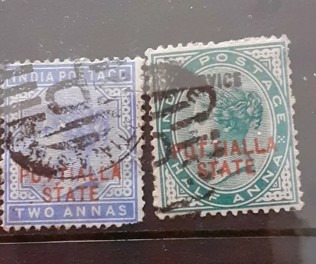 2 x QUEEN VICTORIA  STAMPS USED  INDIA STATES 2ANNAS, HALF ANNA