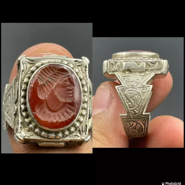 Afghanistan Unique Ancient Agate intaglio king face Stone Solid Silver Old Ring