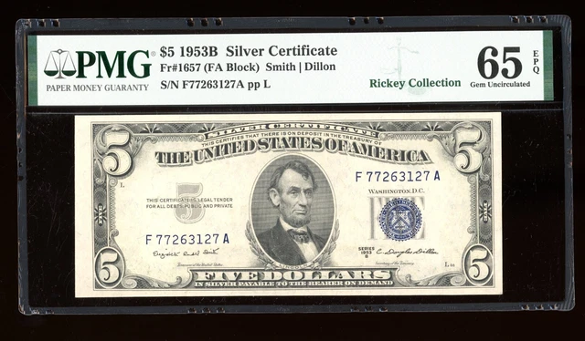 DBR 1953-B $5 Silver Gem Fr. 1657 FA Block PMG 65 EPQ Serial F77263127A