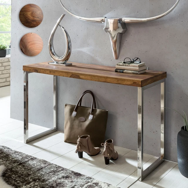 FineBuy Mesa de Consola Madera Maciza Metal 120x45x77 cm Mesa de Almacenaje