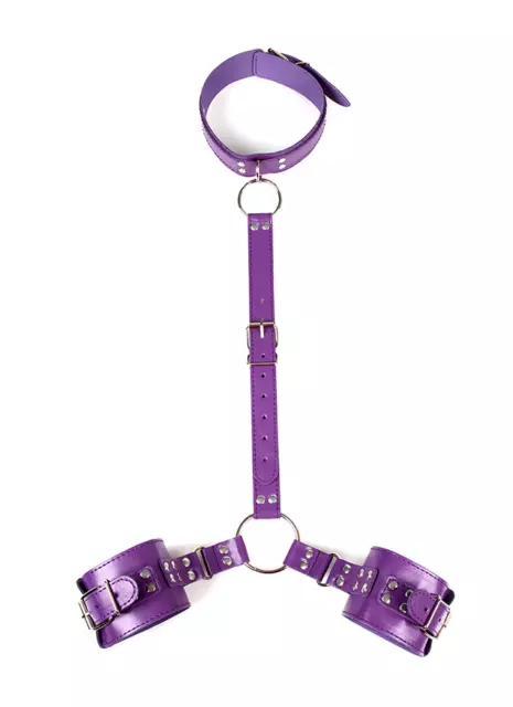 Menottes et collier à relier en simili-cuir violet rivets argentés bondage bdsm