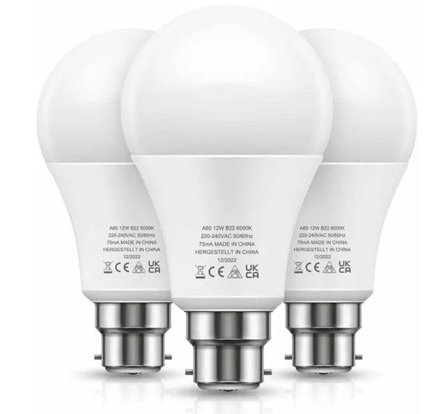 Cool White Light Bulbs, 100W Equivalent Bayonet Bulb, 12W B22 LED 6000K 3 pack