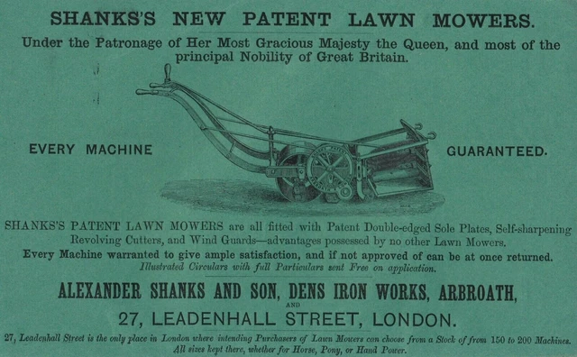 Shanks's New Patent Lawn Mowers, Dens Iron Works, Arbroath : Trade Advert (1875)