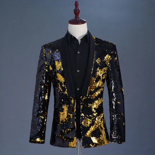 Mens Dress Suit Reversible Two Tone Sequins Jacket Blazer Outfit Glitter