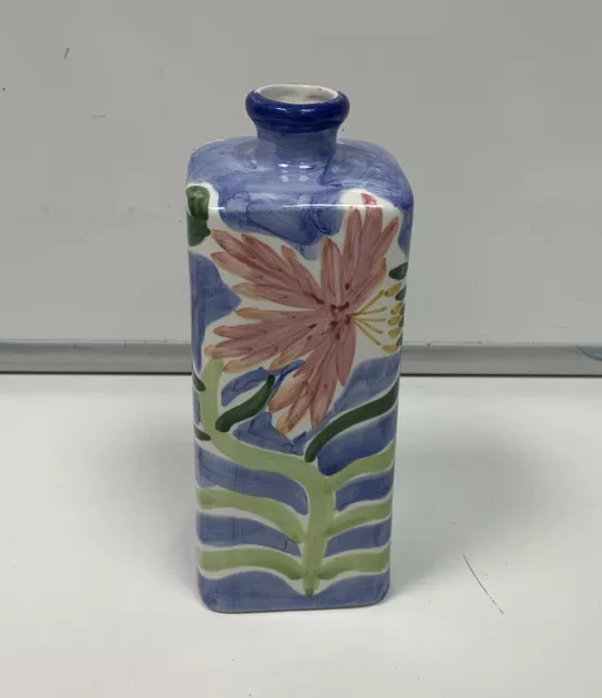 Hand Painted 1970s Ceramic Floral Square vase 3