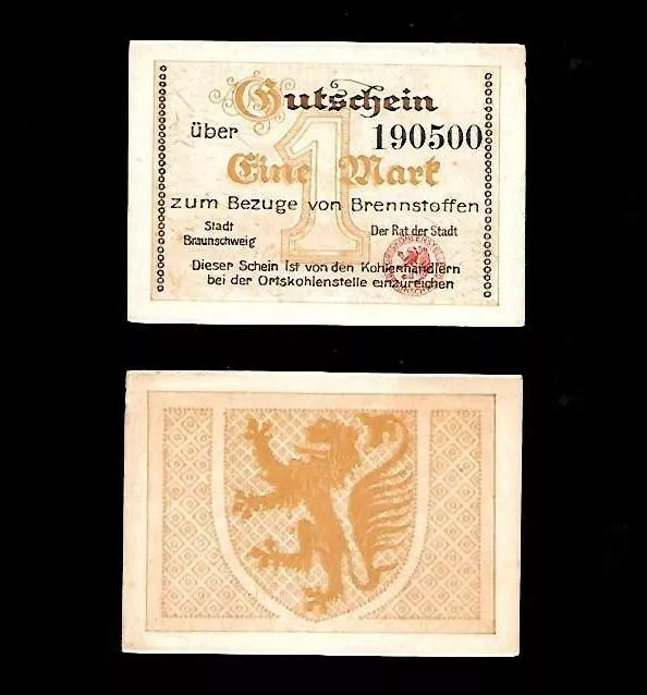 1 Mark "Brennstoff-Gutschein" - Stadt BRAUNSCHWEIG / Niedersachsen -  1918  - N8