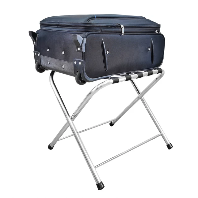 Stainless Steel Folding Luggage Rack Black Nylon Webbing Suitcase Stand