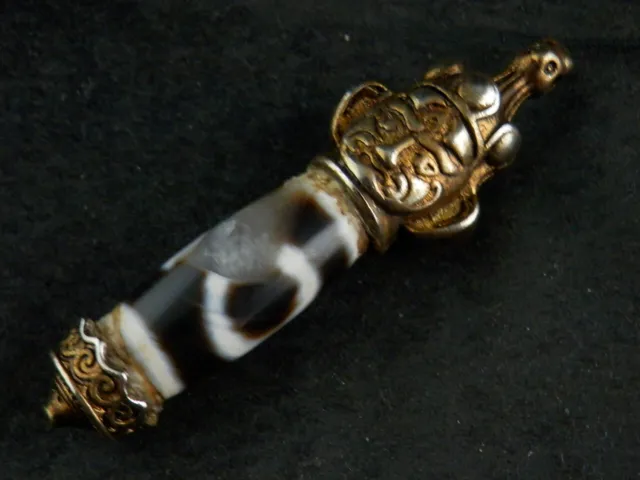 Exquisite Tibetan Brass *Buddha* Inlay Agate Dzi XiZhouHuiZhu Bead Pendant HH171
