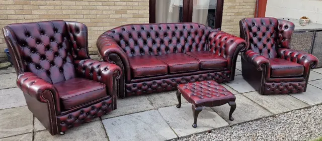 Chesterfield Leather Suite Ox Blood Red 2 Wing Chairs Sofa Stool