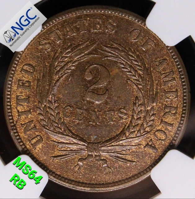 1865 "Fancy 5" 2 cents USA ) United States Bronze Coin, NGC MS64 RB