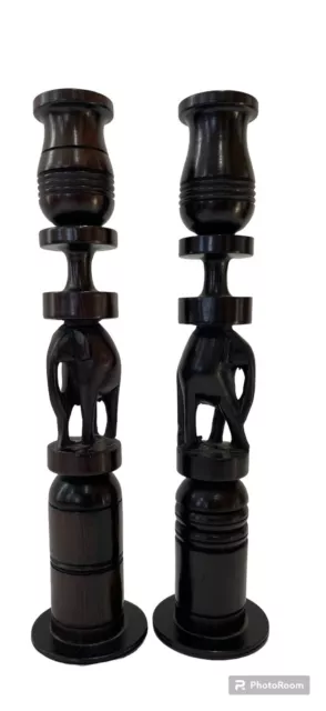 Vintage Ebony  Wood Hand Carved 2 Candlesticks Elephants 10"