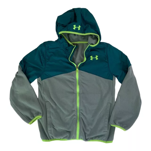 Under Armour ColdGear Boys YMD 10-12 Fleece Hoodie Jacket Zip Up Grey/Teal Green