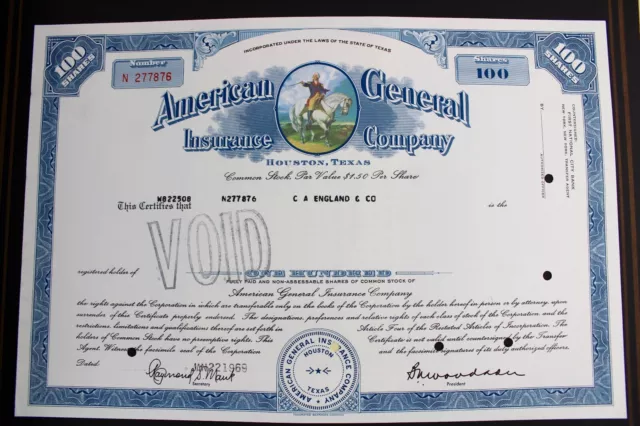 American General insurance Company 1969 alte USA Aktie Stock Certificate 100