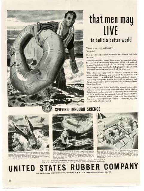 1944 US Rubber Company Life Raft Saves Lives WWII Vintage Print Ad