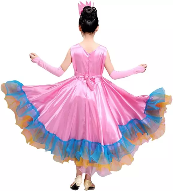 Kids Girls Swing Satin Dance Dress Ruffle Flower Performance Costume Dancewear 2