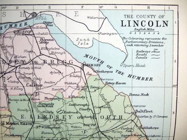 Original Philips 1891 Map of The County of Lincoln, England. Antique 2