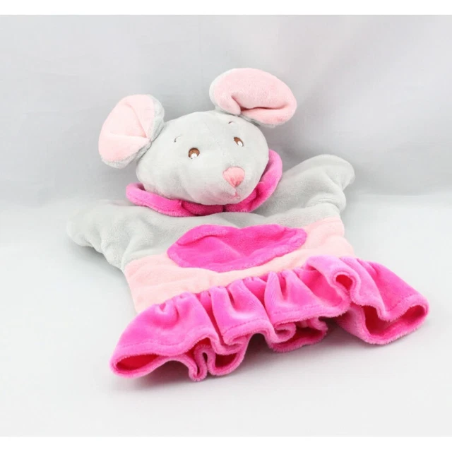 Doudou plat marionnette souris grise rose AJENA - 16501