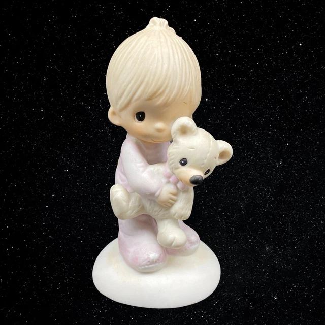 1977 ENESCO PRECIOUS Moments Jesus Loves Me Boy With Teddy Bear 4”T 2.5