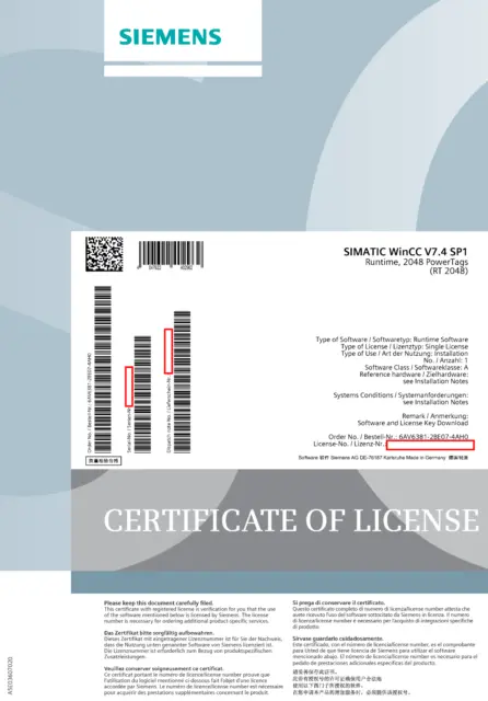 Siemens 6AV6381-2BE07-4AH0 license WinCC system software V7.4 SP1, RT 2048