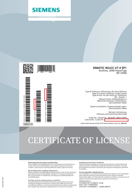 Siemens 6AV6381-2BE07-4AH0 license WinCC system software V7.4 SP1, RT 2048