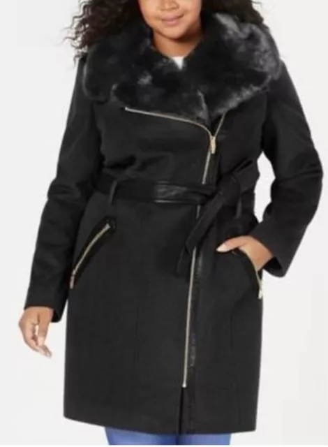 Via Spiga Size 18W Women's Wool Blend Asymmetric Faux-Fur-Collar Jacket Coat