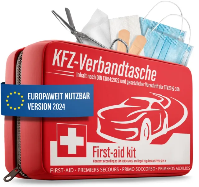 kingsmed GmbH - Geschäftskunden - KFZ Klassik Verbandtasche + Warnweste  gelb + Nano Warndreieck HOLTHAUS Verbandkasten mit Füllung nach DIN 13 164  grau