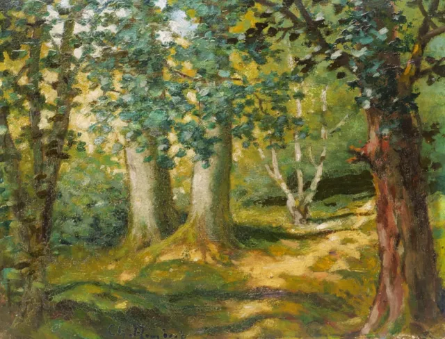 Cuadro Francés Óleo Pintura Suizo Lausanne Paisaje Arbolado Árbol Bosque Camino