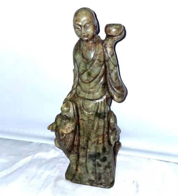 Antique CHINESE JADE MAN MONK or BUDDHA FIGURE with DRAGON 11" in