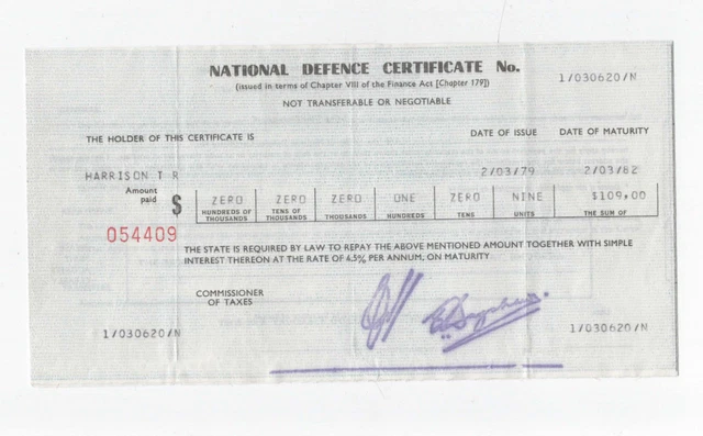 Rhodesian Army National  Defence Cerificate  War Bond