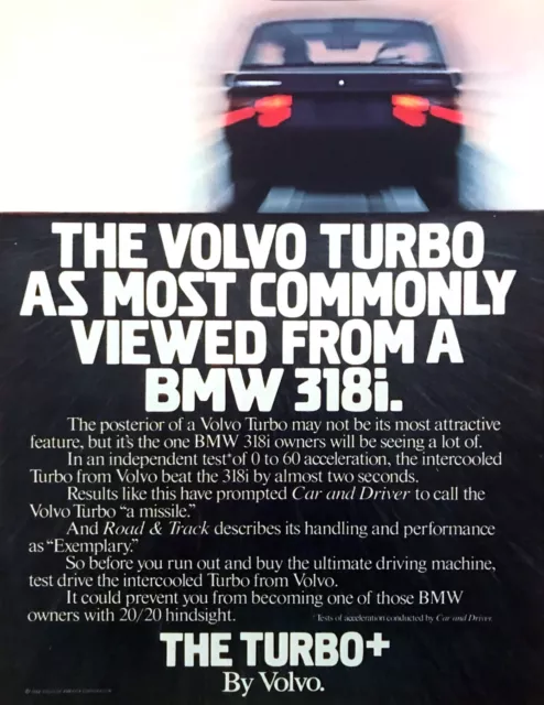 1984 Volvo Turbo Sedan photo "View from a BMW 318i Sedan" vintage print ad