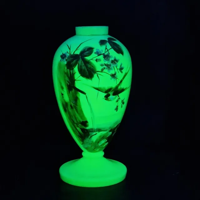 Hand Painted Custard Uranium Vaseline Glass Vase